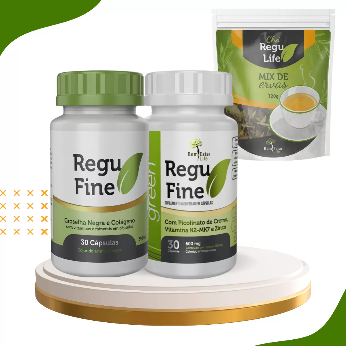 KIT INIBIDOR DE APETITE -01 REGU FINE + 1 CHA REGU LIFE 120G + REGU FINE GREEN DETOX