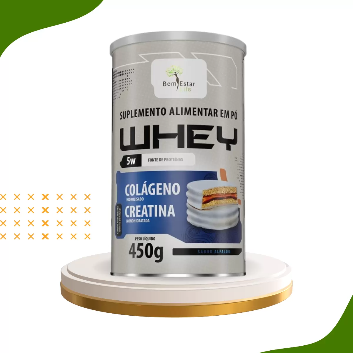 WHEY 5W 450G. Com Colágeno + Creatina, Sabor Alfajor