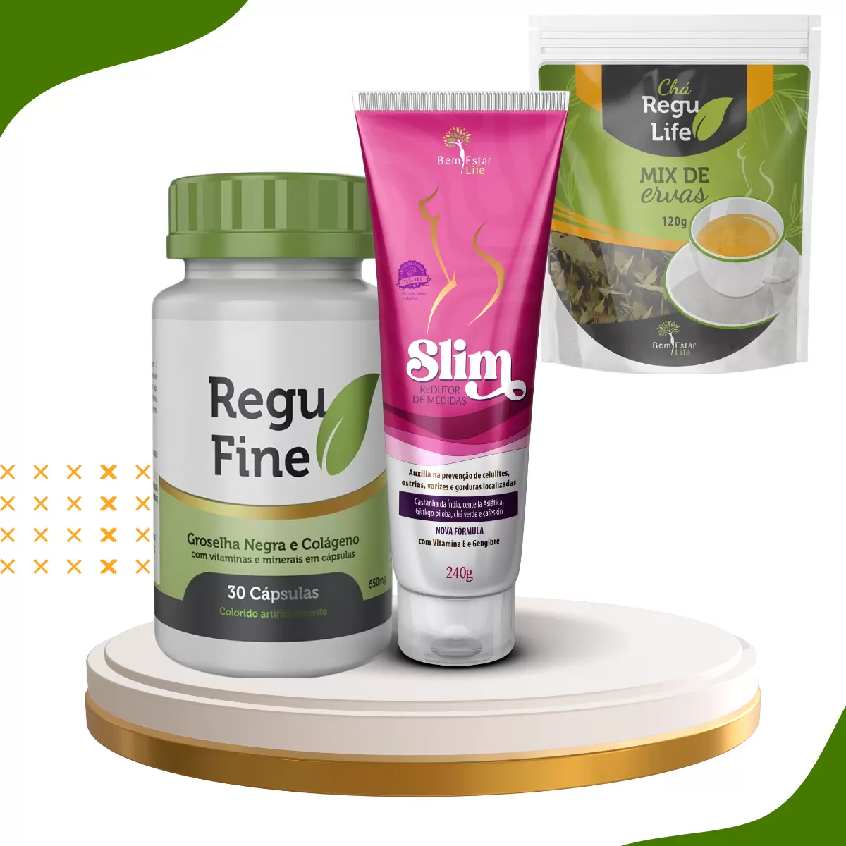 KIT INIBIDOR DE APETITE -01 REGU FINE + 1 CHA REGU LIFE + GEL SLIM REDUDOR MEDIDAS