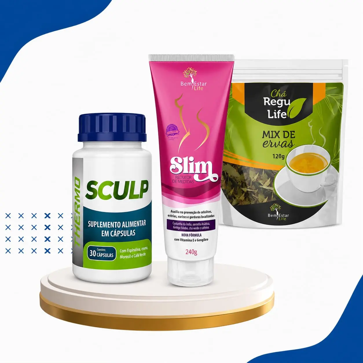 INIBIDOR DE APETITE KIT 1 SCULP THERMO + 1 CHA REGU LIFE + GEL SLIM REDUTOR MEDIDAS 