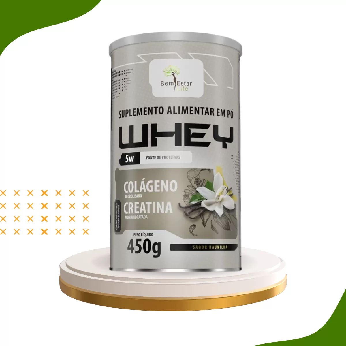 WHEY 5W 450G. Com Colágeno + Creatina, Sabor Baunilha