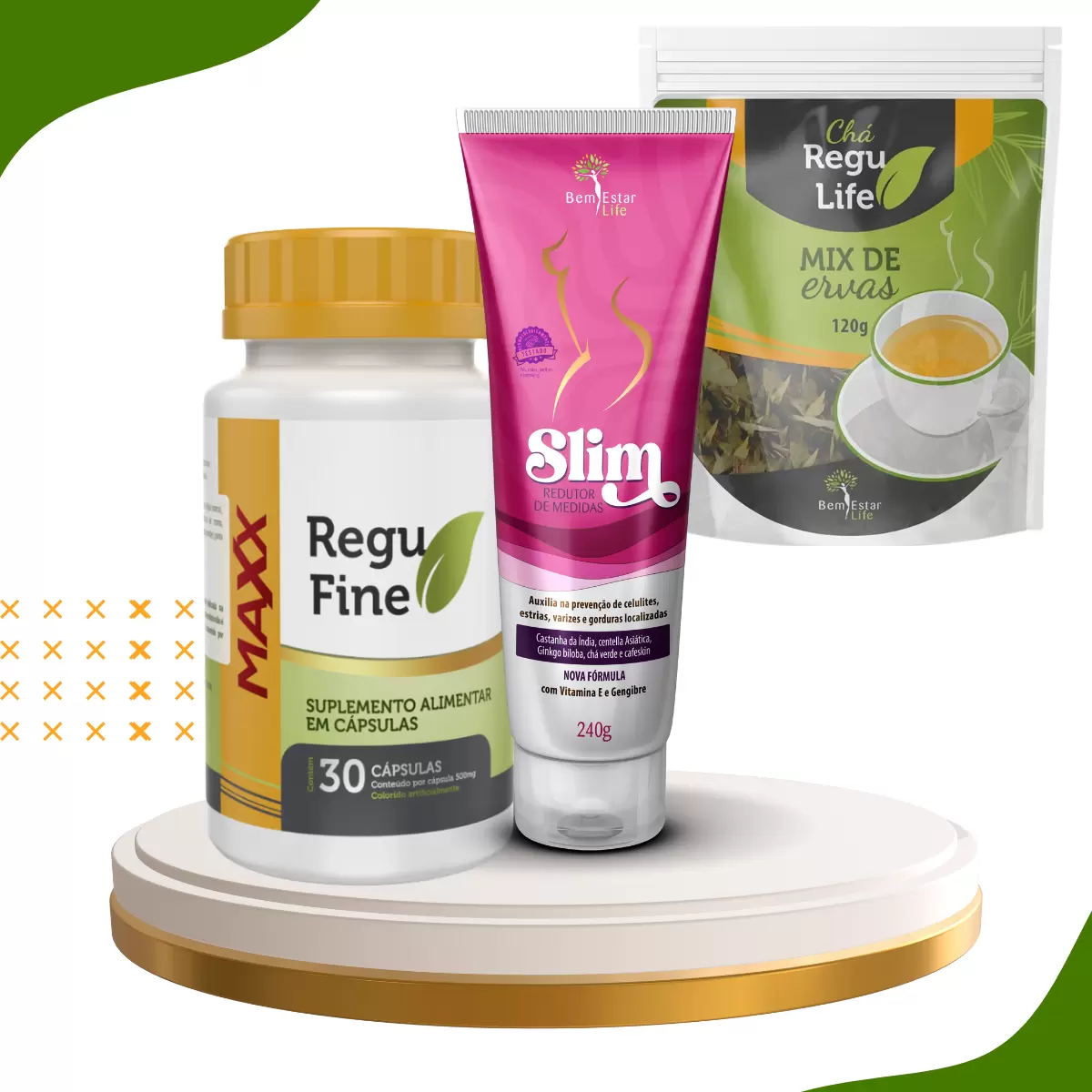  KIT INIBIDOR DE APETITE -1 REGU FINE MAXX + 1 CHÁ REGU LIFE + GEL SLIM REDUTOR DE MEDIDAS