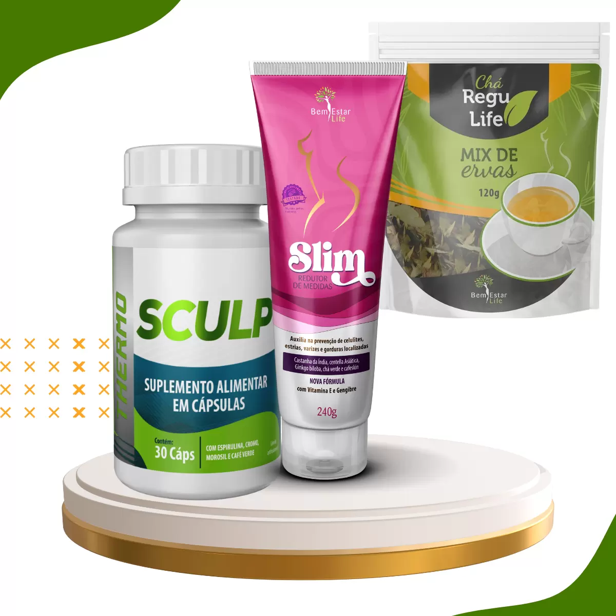 INIBIDOR DE APETITE KIT 1 SCULP THERMO + 1 CHA REGU LIFE + GEL SLIM REDUTOR MEDIDAS 
